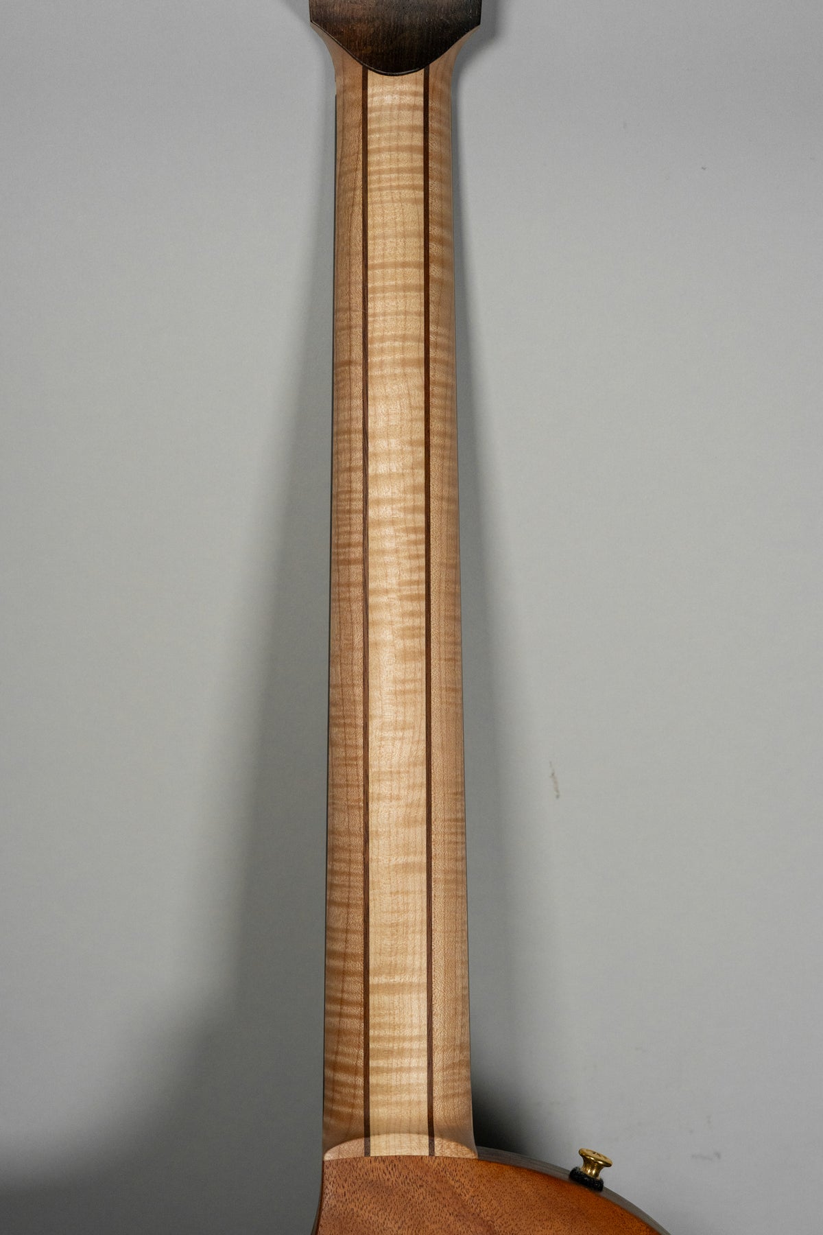The guitar's light-colored, figured maple neck with two dark wood stringers is viewed from the back, joining a dark brown body.