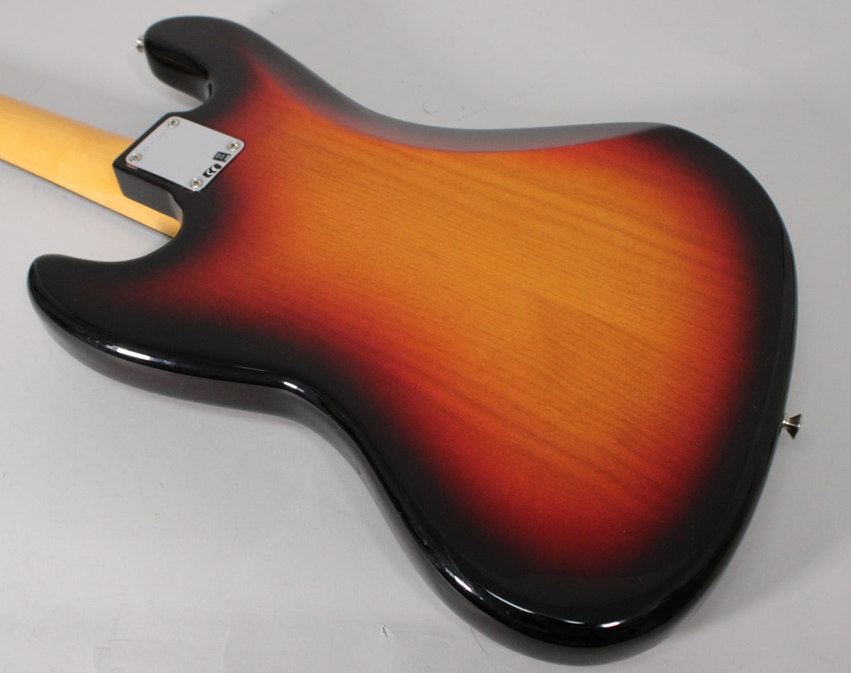 The back of a glossy 3-color sunburst bass body, showing the neck joint with a chrome plate and a strap button on the lower bout.