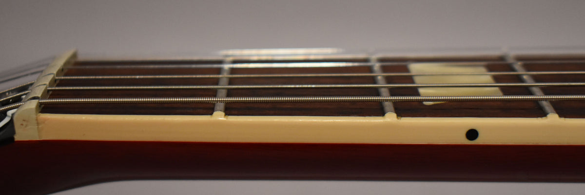 Close-up of the guitar's dark fretboard and strings, showing cream binding, trapezoid inlays, and a black side dot marker.