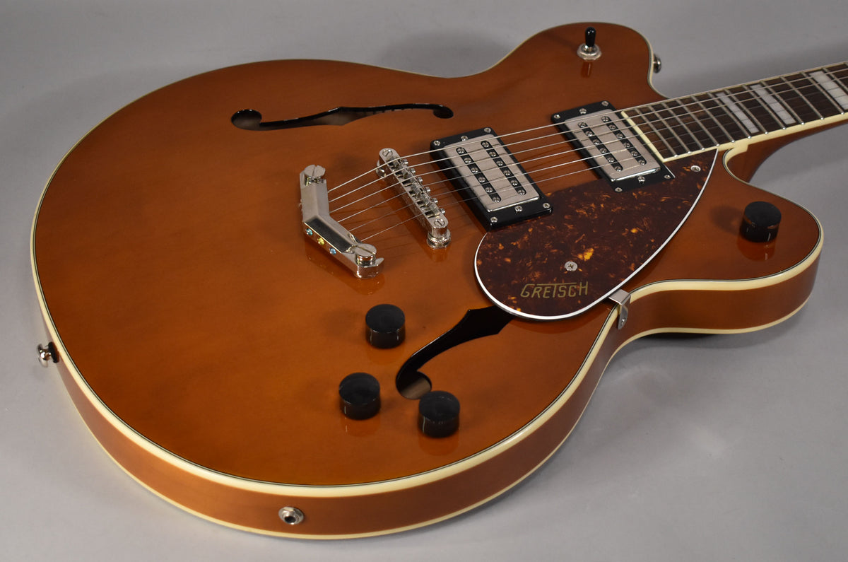 The semi-hollowbody guitar, in a glossy sunburst finish, shows its F-holes, chrome hardware, and tortoiseshell pickguard.