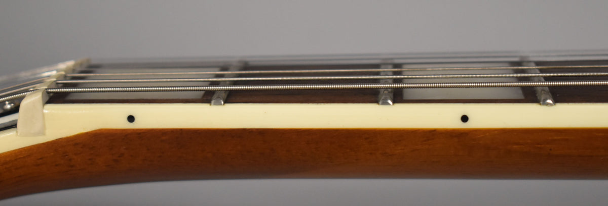 Close-up of the guitar's neck, showing the dark fretboard with metal frets, cream binding, and two black side dot markers.