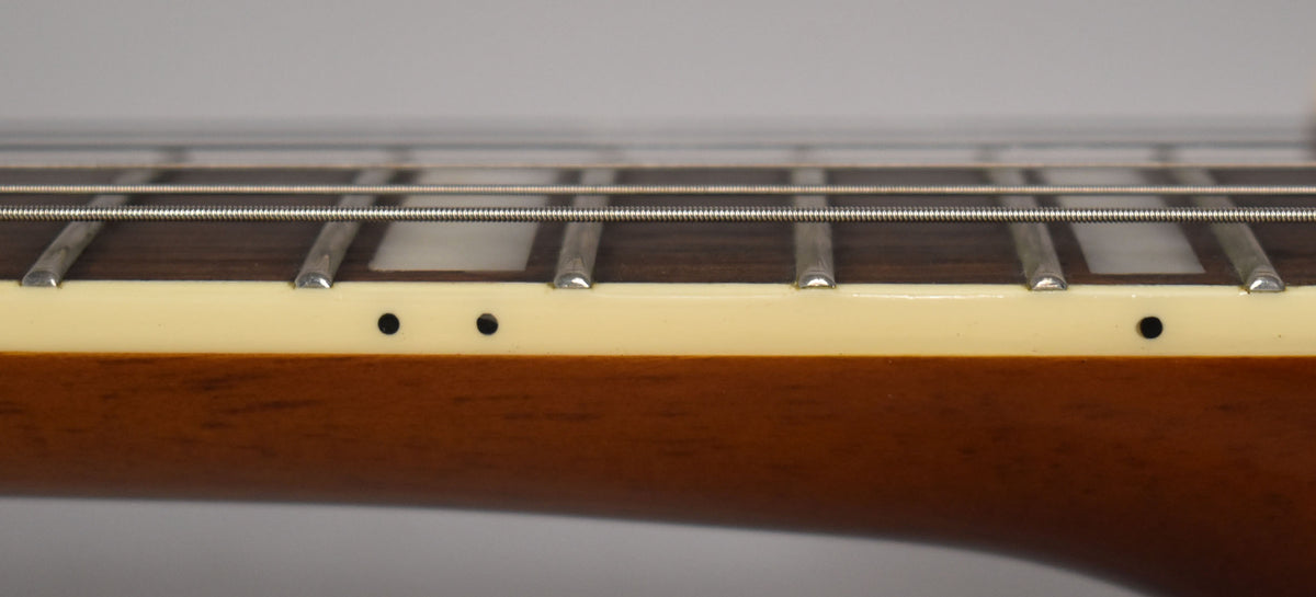 Close-up of the guitar's fretboard, showing the dark wood, metal frets, cream binding, and black side dot markers.