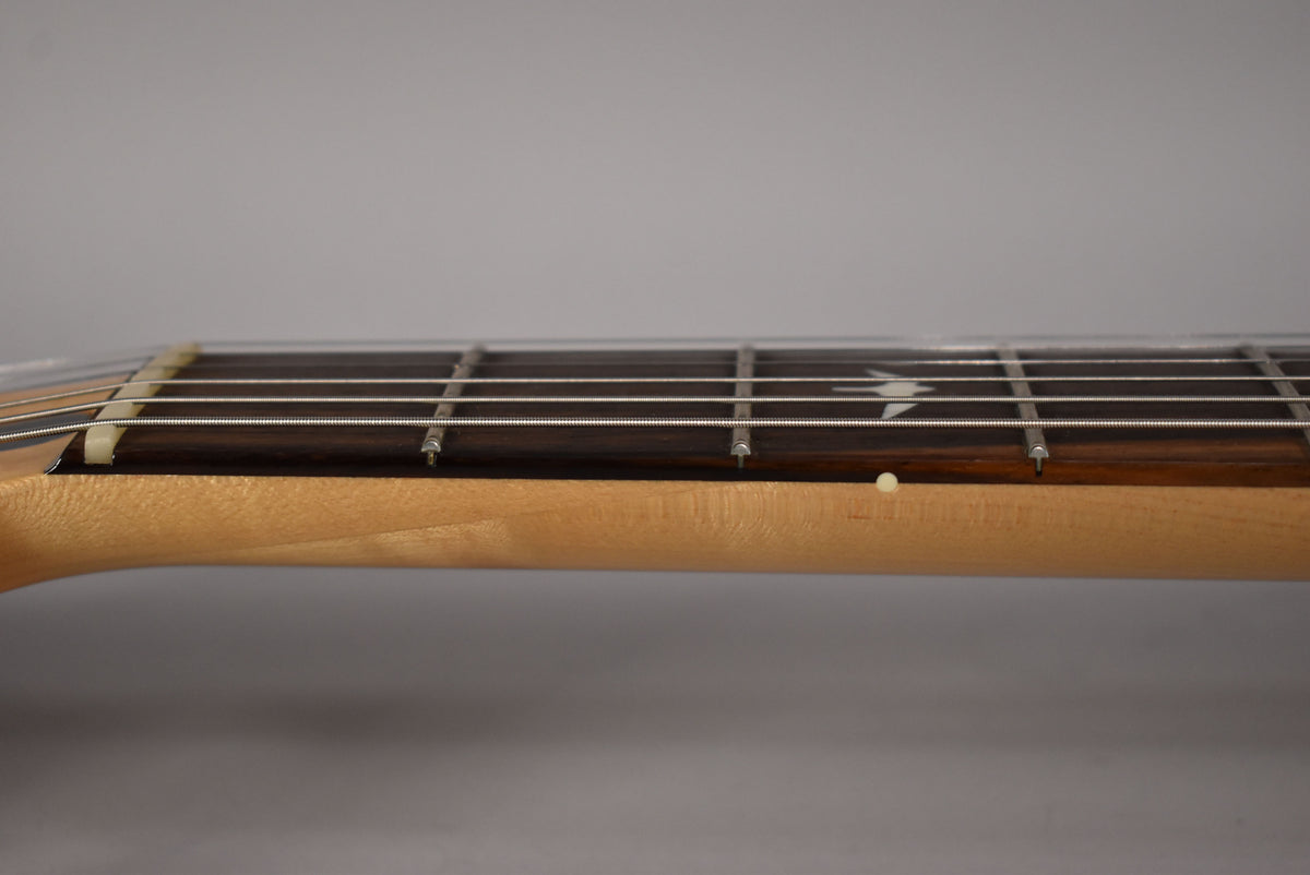 The guitar's light maple neck and dark fretboard are seen from the side, with white bird inlays and a cream side dot.