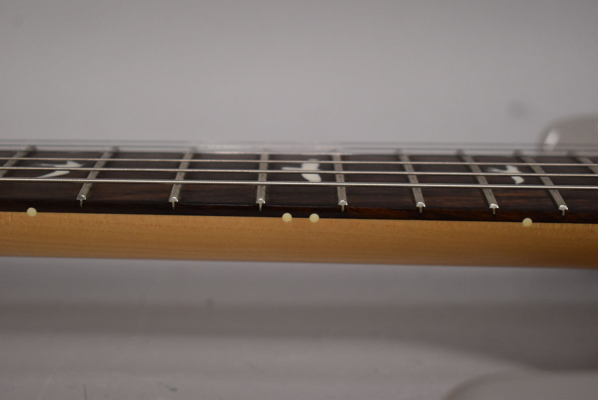 Close-up of the guitar's fretboard and neck, showing dark wood with bird inlays and light-colored side dots on the maple neck.