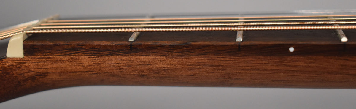 Close-up of the guitar's dark mahogany neck and fretboard, showing the nut, first three frets, and a single white side dot.