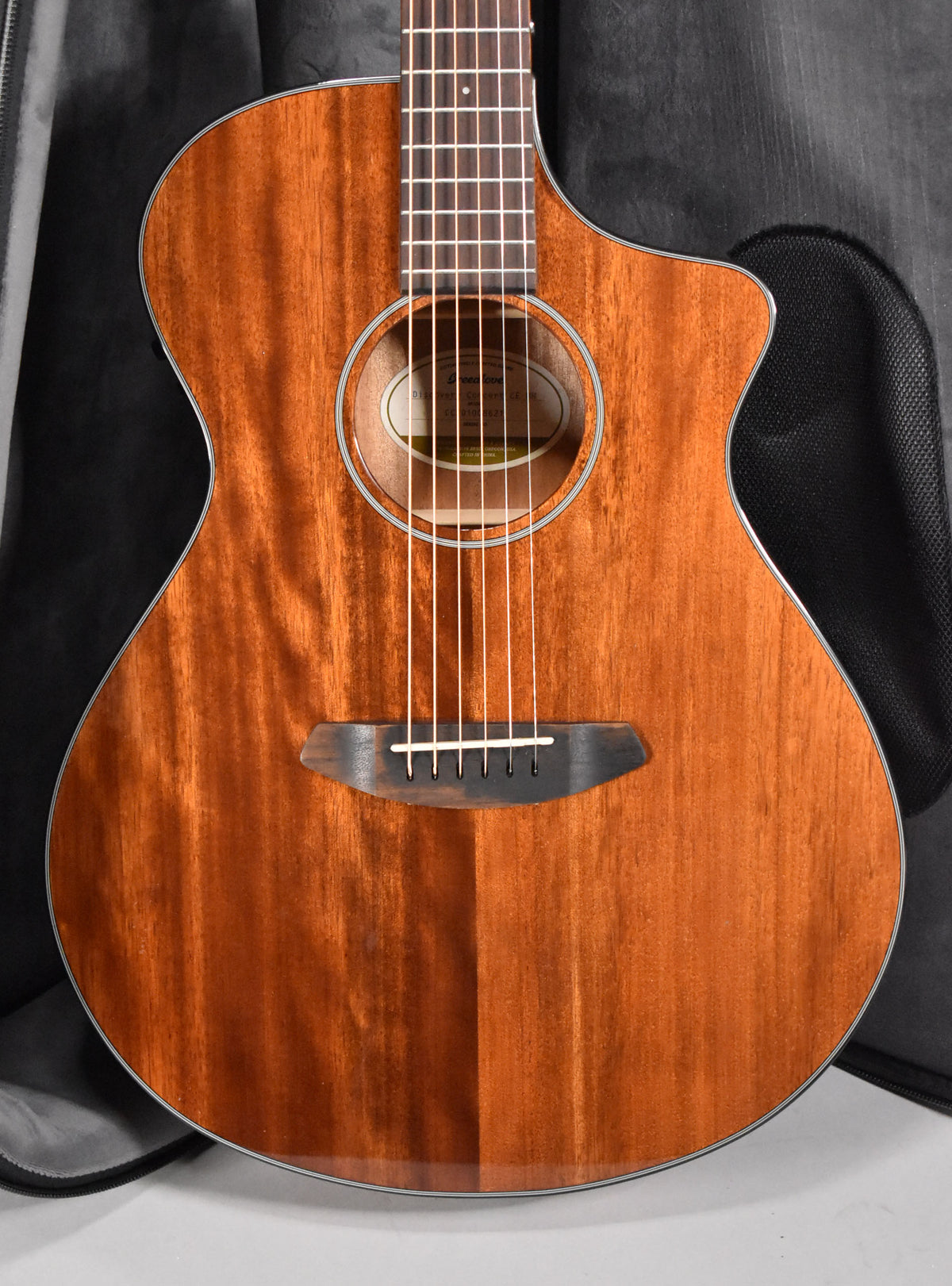 Full front view of a reddish-brown mahogany acoustic guitar with a cutaway, showing the body, soundhole, bridge, and lower fretboard.