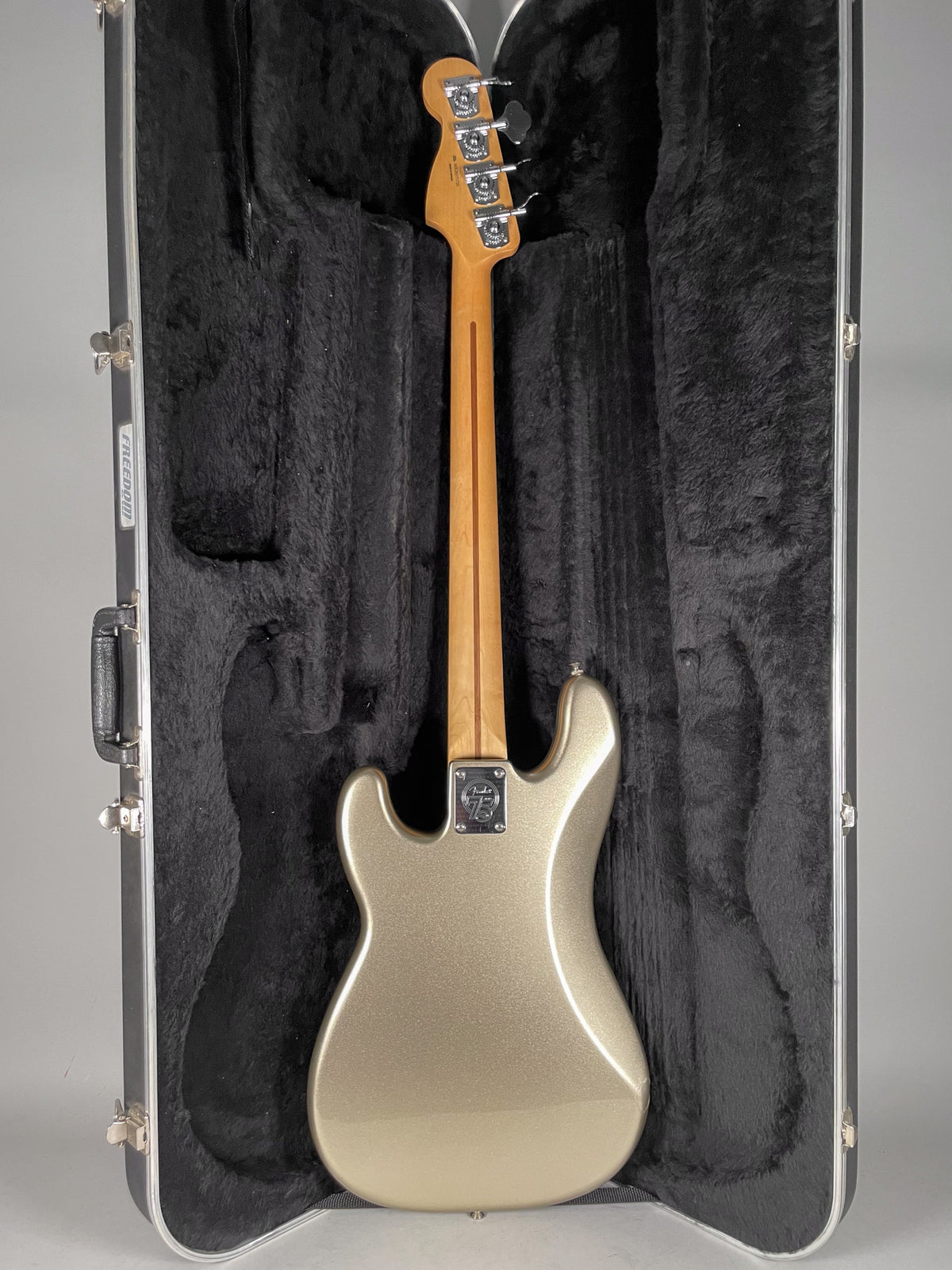 The bass is shown from the back, in its open hard case, revealing a metallic gold finish and a light wood neck.