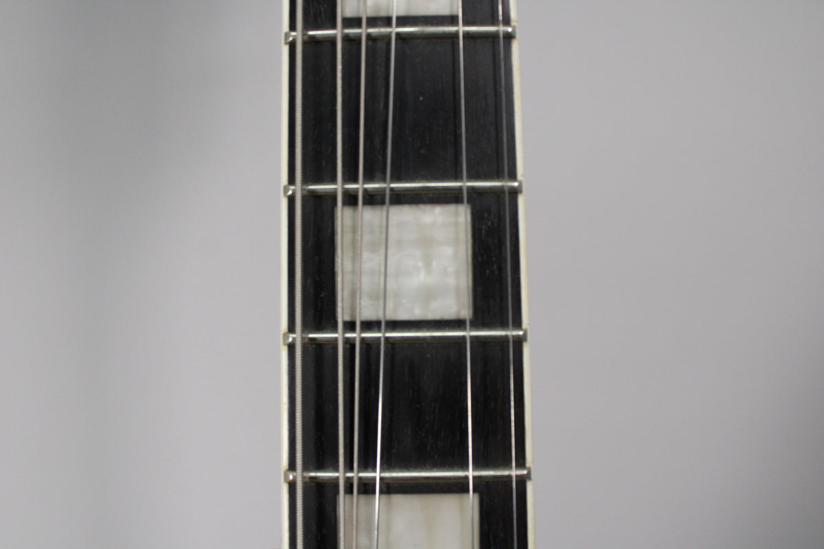 Close-up of the dark fretboard with rectangular pearloid inlays and silver frets, showing light wear on the strings.