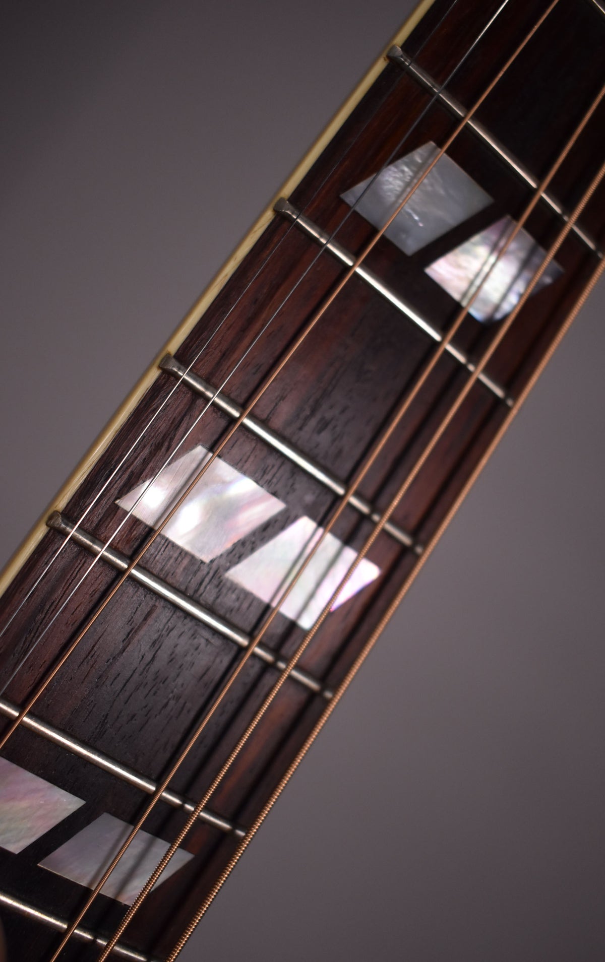 Close-up of the dark wood fretboard with mother-of-pearl parallelogram inlays, cream binding, and bronze-colored strings.