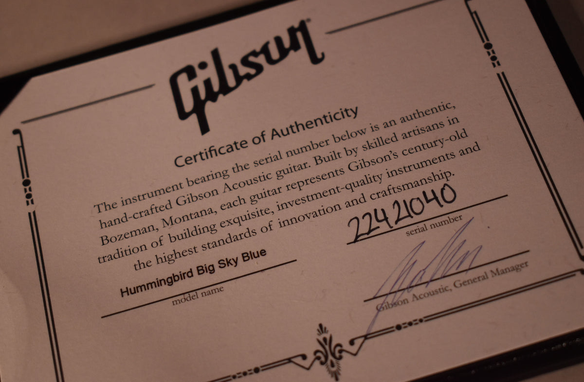 Close-up of the guitar's Certificate of Authenticity, showing the serial number and "Hummingbird Big Sky Blue" model name.