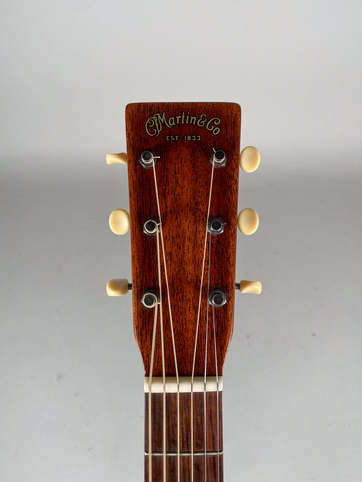 The guitar's dark mahogany headstock is centered, showing six cream tuning pegs, a white nut, and the top of the fretboard.