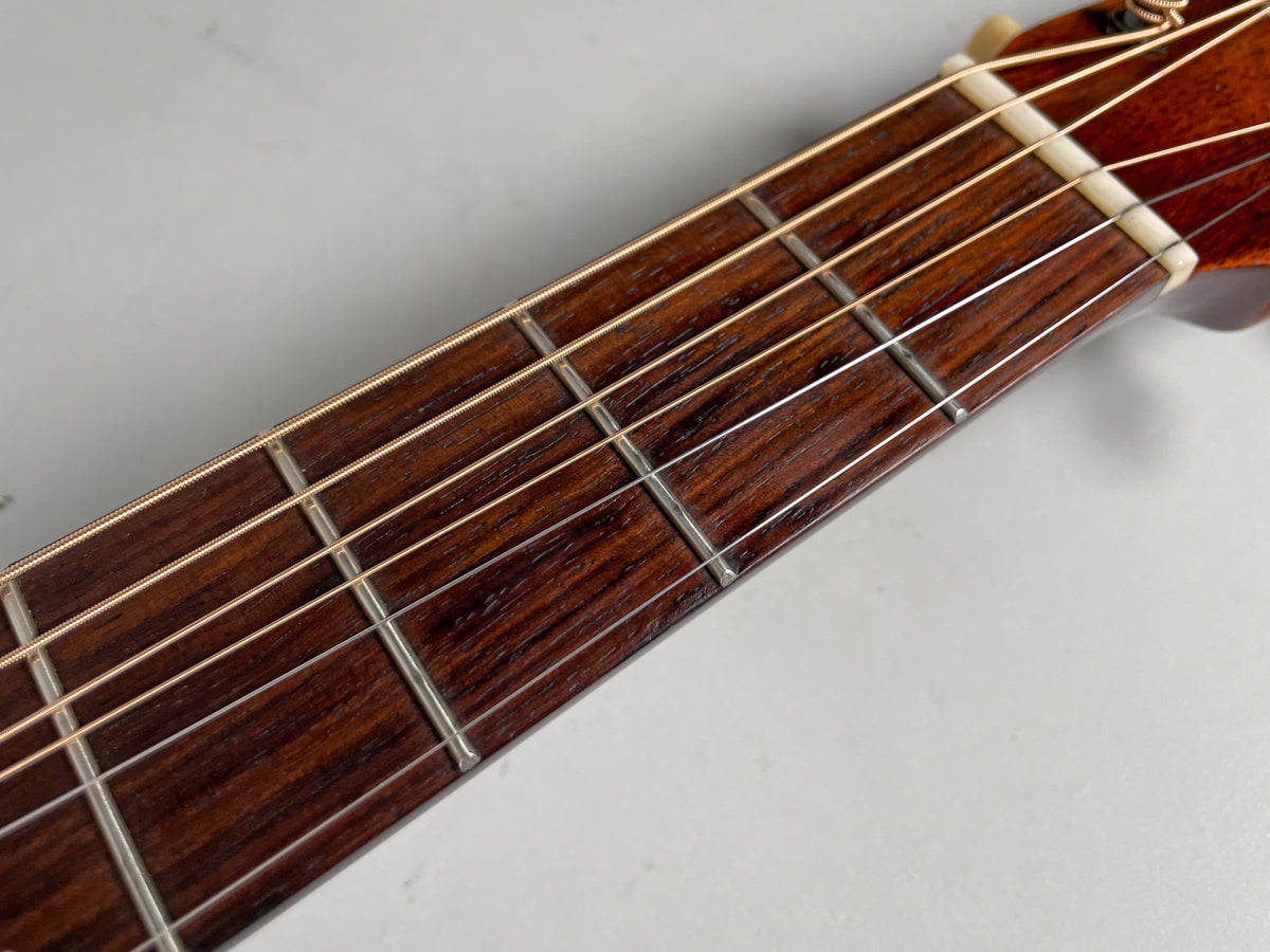 Close-up of the dark brown fretboard and first five frets, showing the light strings and bone nut.
