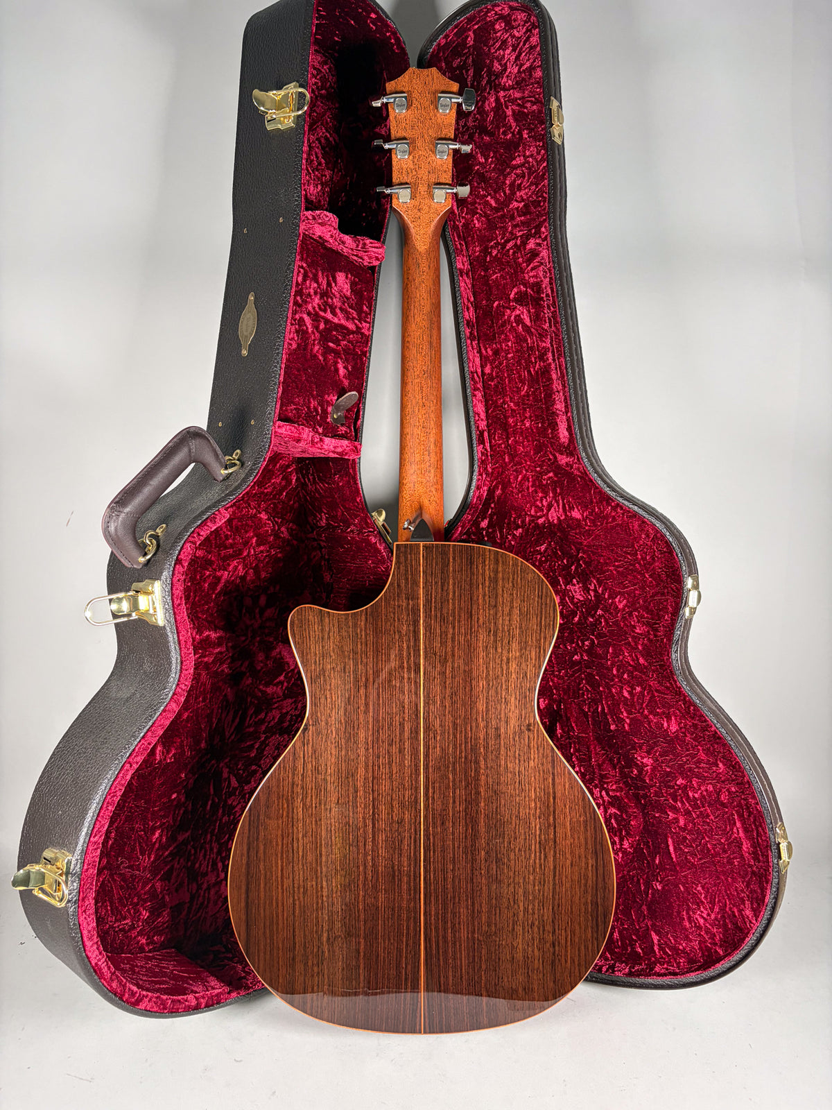 The guitar's dark wood back and neck are visible, with a cutaway body and six chrome tuners, standing in a red velvet-lined case.