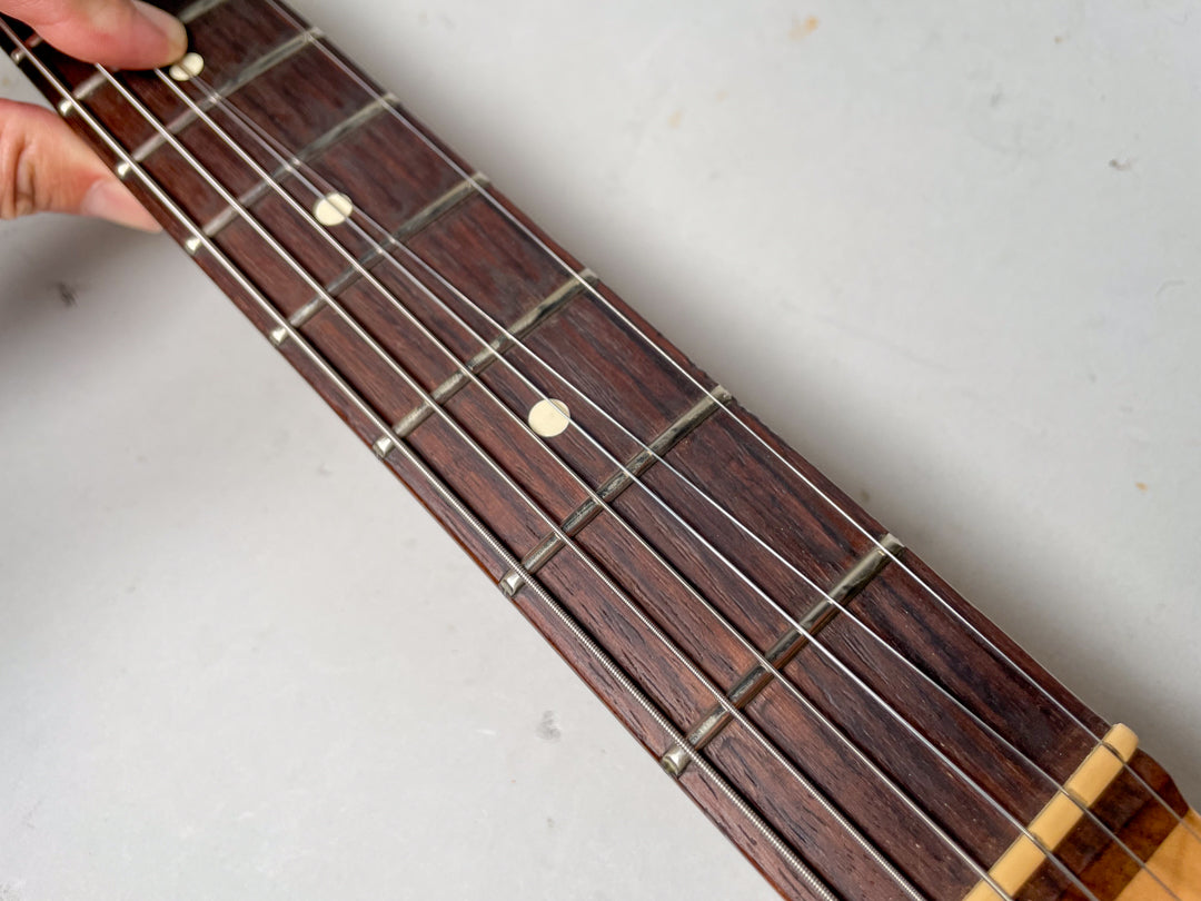 Close-up of the dark rosewood fretboard with white dot inlays, showing light wear on the frets and a cream-colored nut.