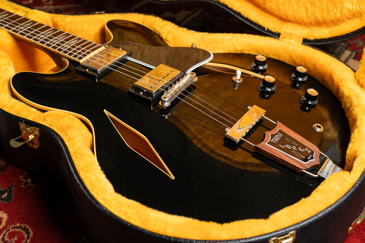 Ebony finish semi-hollowbody electric guitar in a yellow-lined case, angled from the neck to show the gold hardware and f-holes.