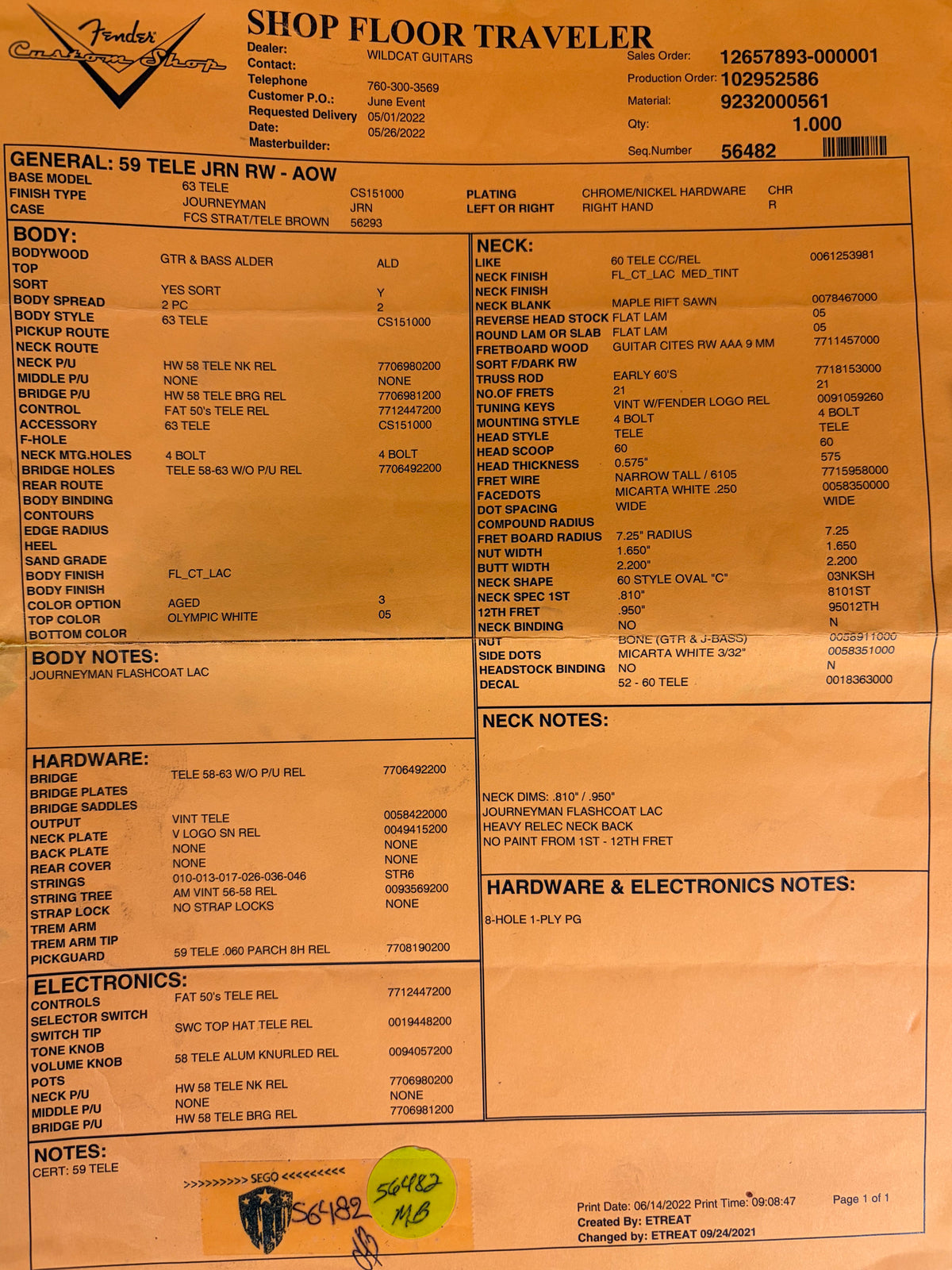 A close-up of a Fender Custom Shop Shop Floor Traveler document, detailing the specifications of a '59 Telecaster.