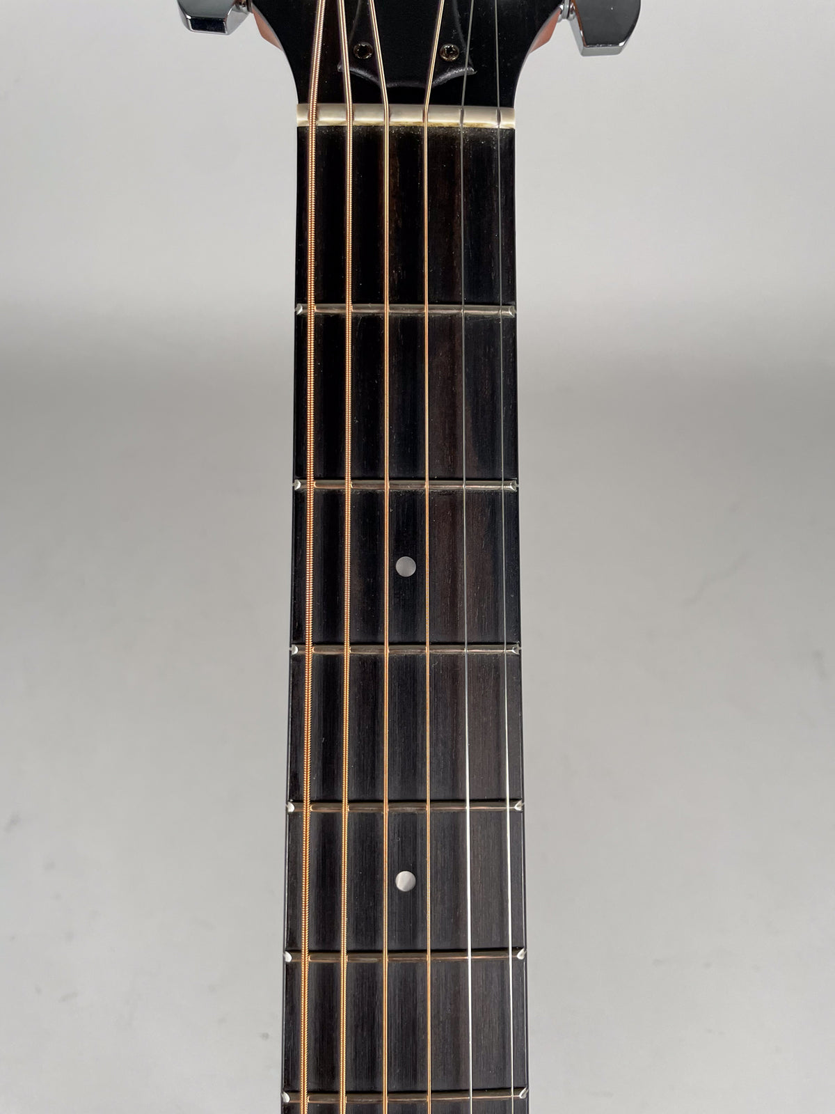 Close-up of the guitar's dark fretboard, showing six strings, frets, and two white dot inlays.