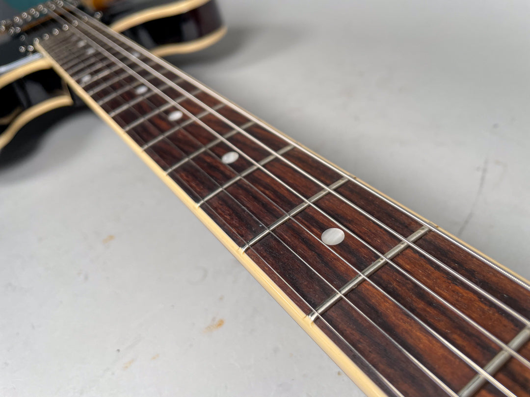 Close-up of the dark rosewood fretboard with white dot inlays and light binding, angled from the body towards the headstock.