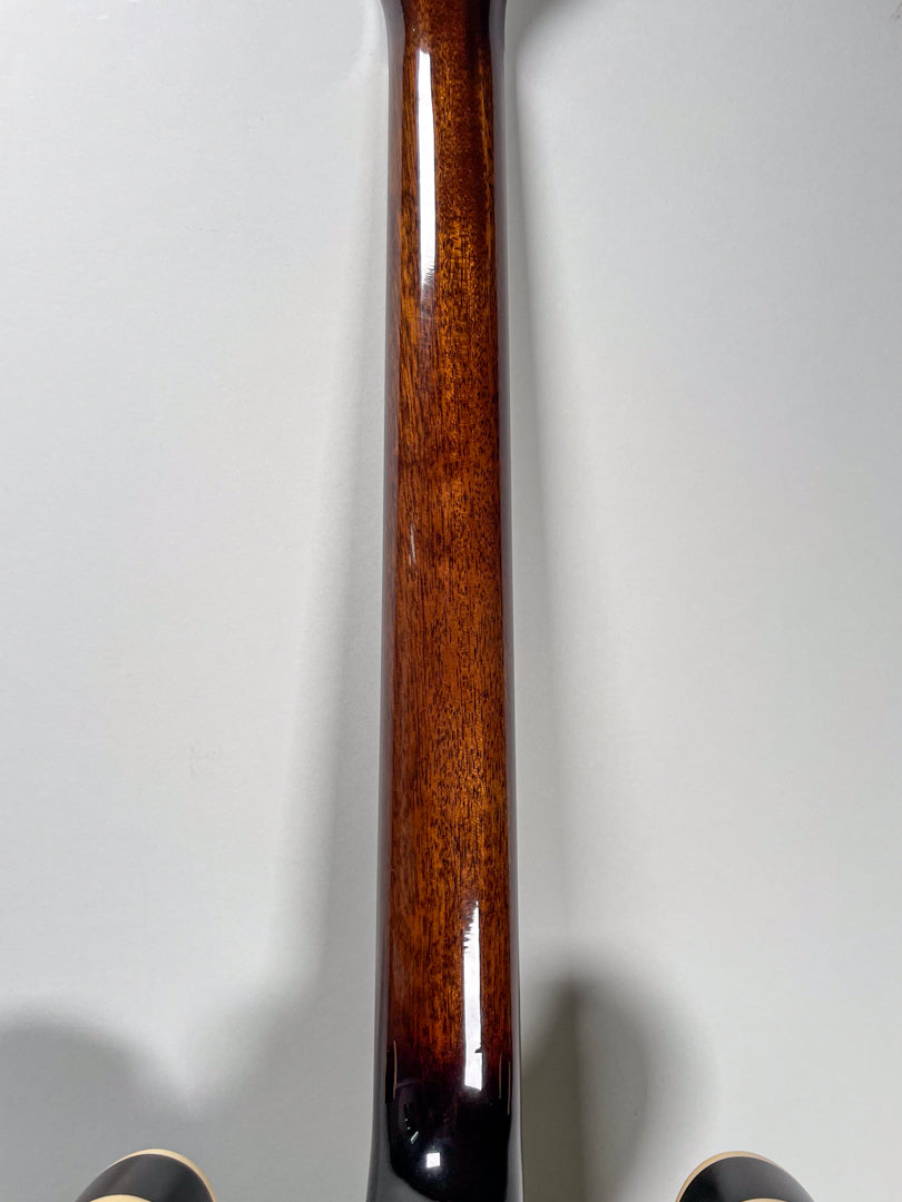 The guitar's glossy dark brown neck, showing wood grain, is centered against a white background.