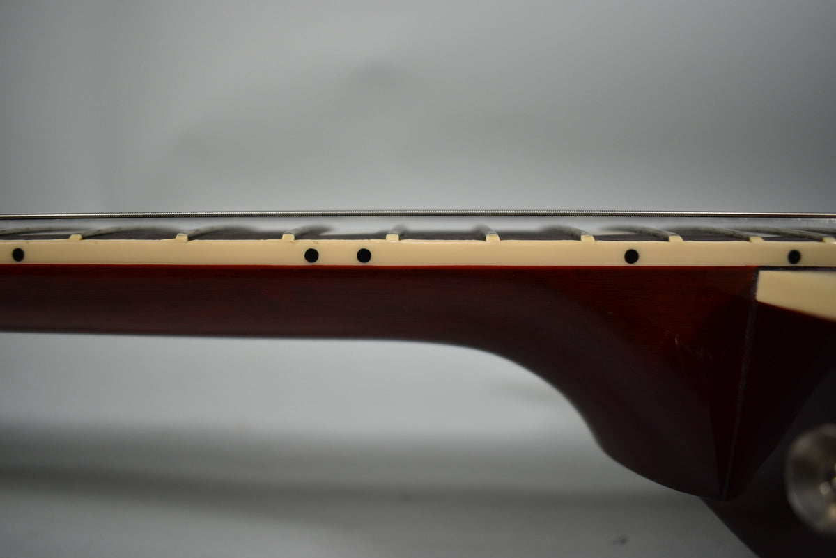 The guitar's dark brown neck is viewed from the side, showing cream binding with black dot markers and metal frets.
