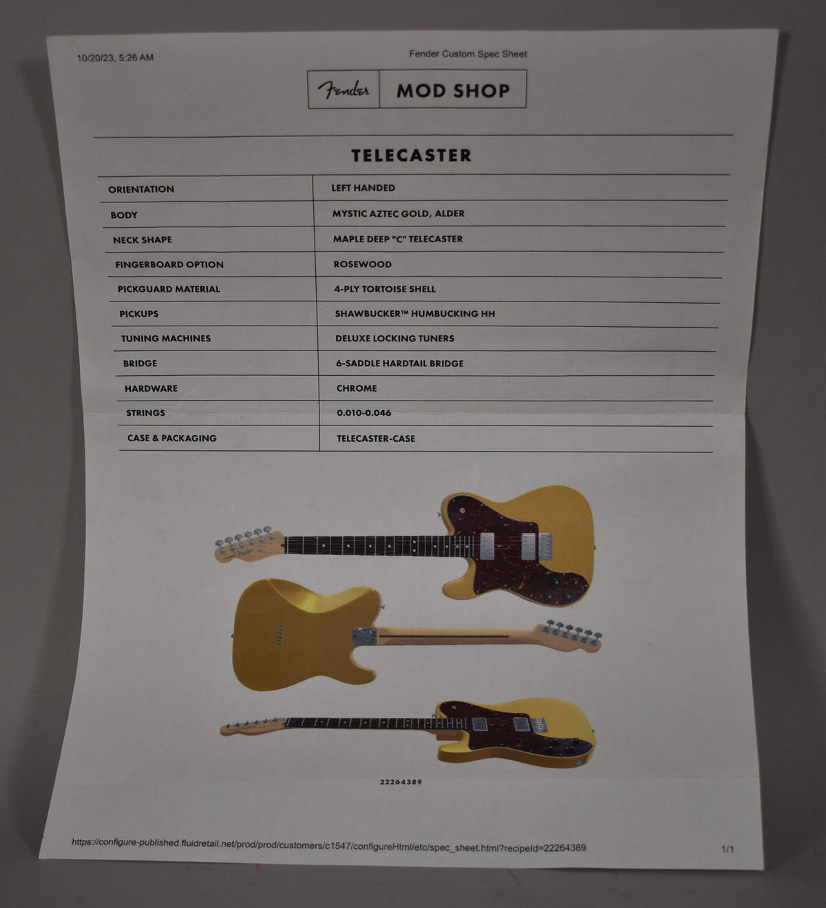 A Fender Custom Spec Sheet for a left-handed Telecaster in Mystic Aztec Gold, with three small guitar illustrations.