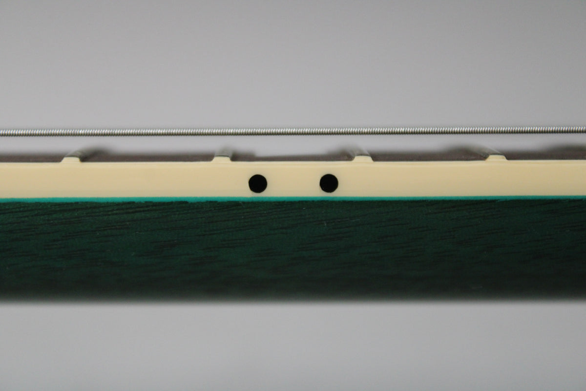 Close-up of the side of a guitar neck, showing two black dot inlays on the cream binding, with strings and frets visible above.