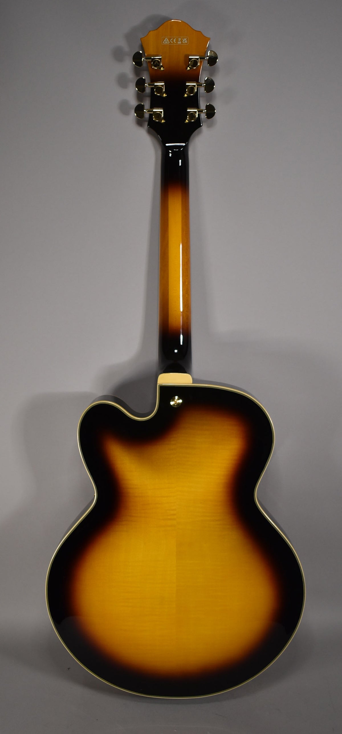 The guitar's back, neck, and headstock are visible, featuring a sunburst finish with gold tuners and a cream binding.
