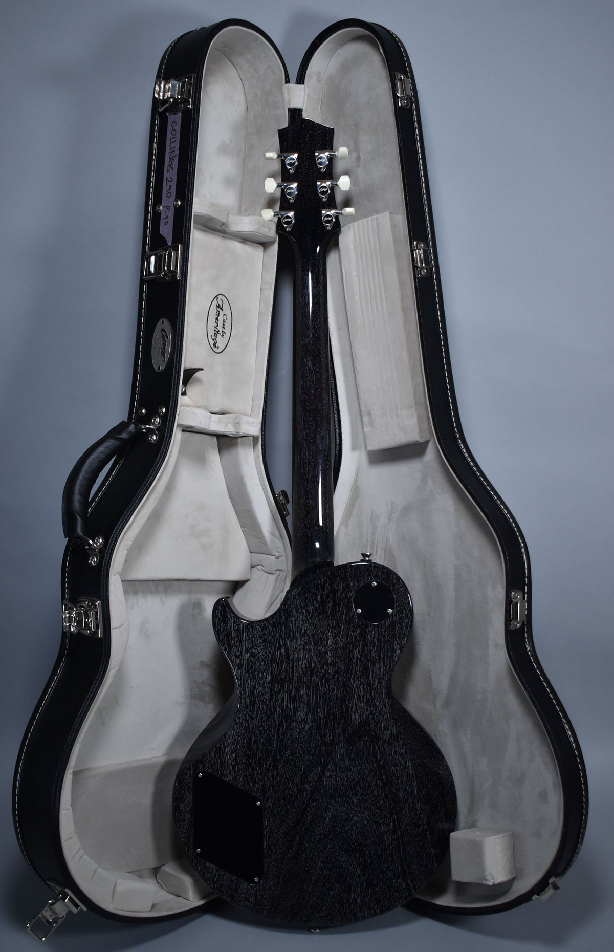 The guitar's back, neck, and headstock are visible in its open hard case, showing a dark doghair finish and white tuning pegs.