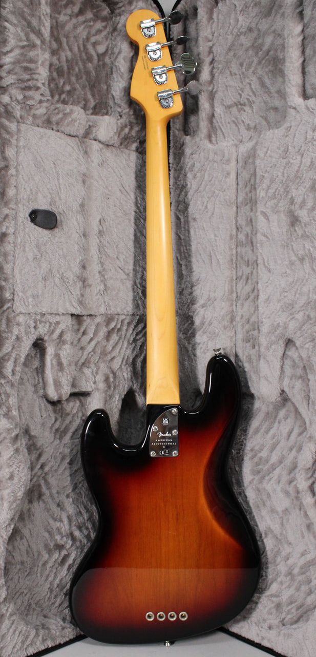 The bass is shown from the back, neck pointing up, in a grey plush-lined case, with a 3-color sunburst finish.