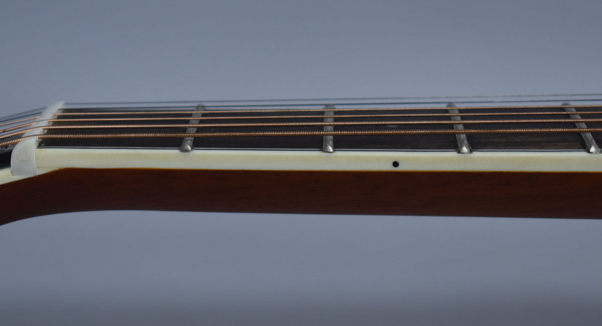 Close-up of the guitar's neck and fretboard, showing the nut, frets, and a single black dot inlay on the light binding.