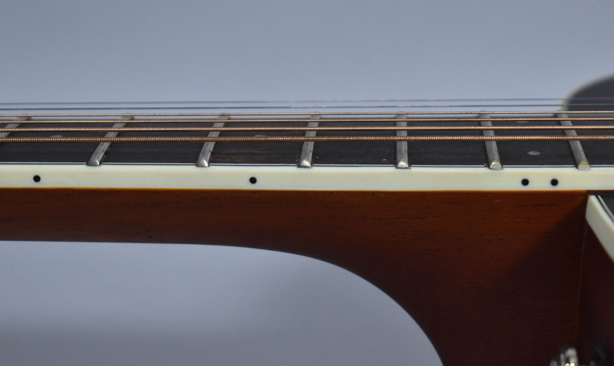 Close-up of the guitar's dark fretboard and light binding, showing six strings, frets, and small black dot markers.