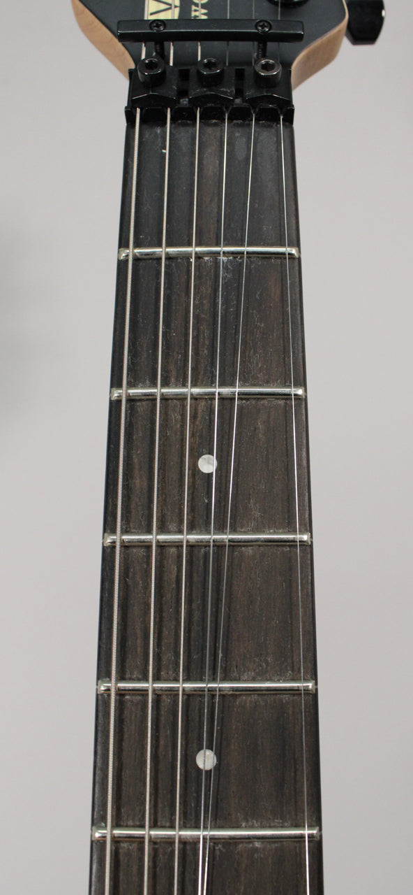 Close-up of the dark ebony fretboard and frets, showing the locking nut, strings, and two white dot inlays.