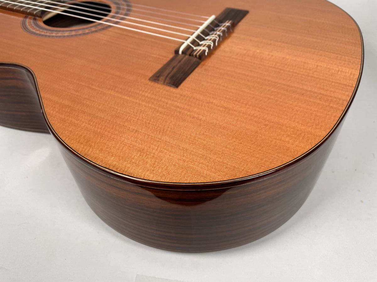Close-up of the guitar's lower bout, showing the light brown top with dark wood grain sides and a dark brown bridge.