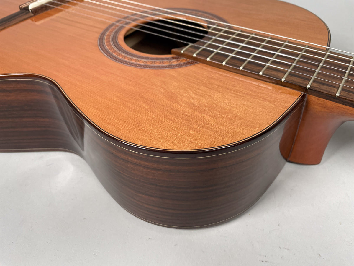 Close-up of the guitar's lower bout, showing the dark wood grain of the sides and the lighter top with a decorative rosette.