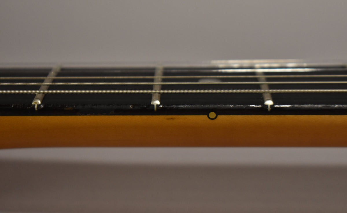 Close-up of the guitar's fretboard and strings, showing a dark fretboard with light frets and a single circular side marker.