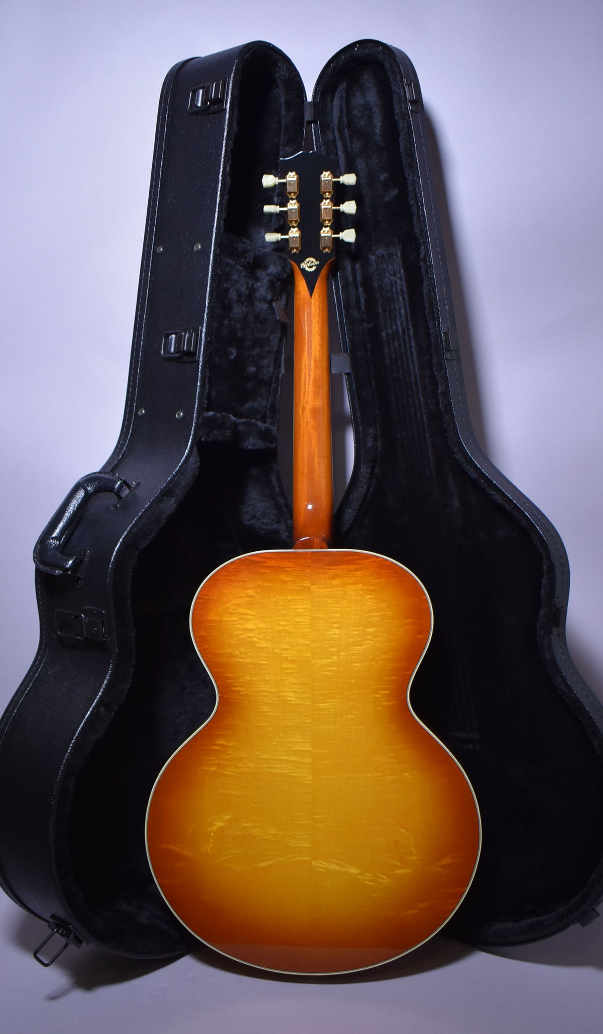 The guitar's cherry sunburst back and neck are visible, with gold tuners and a black headstock, standing in its open case.