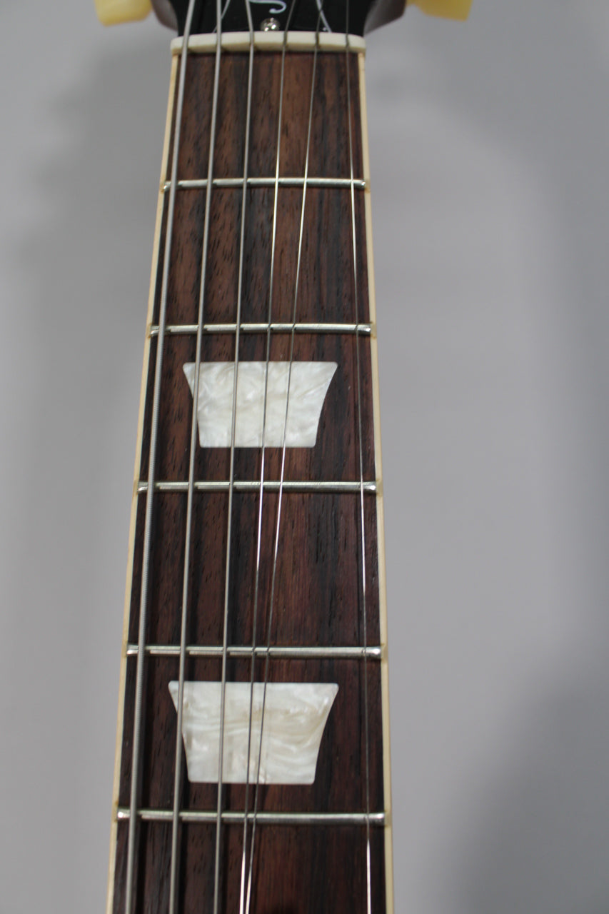 Close-up of the dark rosewood fretboard with two trapezoid mother-of-pearl inlays and nickel frets, angled slightly right.