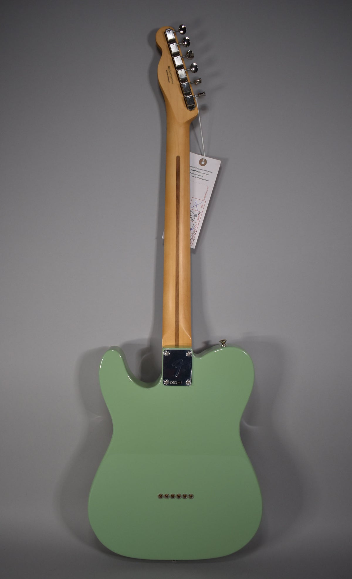 Full rear view of a glossy birch green Telecaster with a light maple neck and chrome hardware.