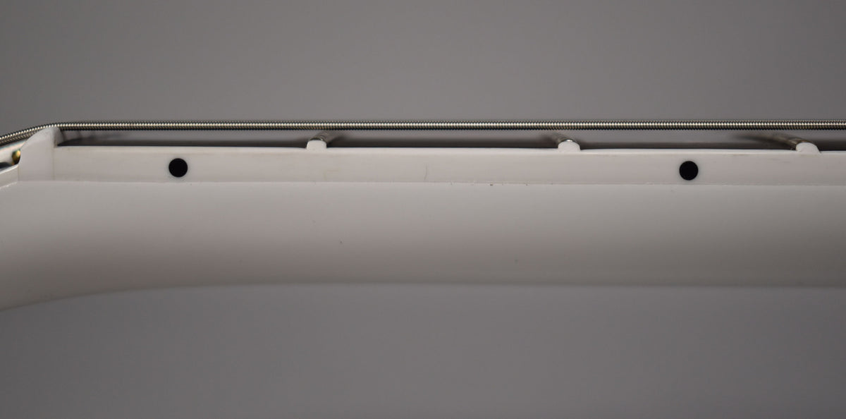 Close-up of the Alpine White Les Paul's fretboard from above, showing the first four frets, dot inlays, and strings.