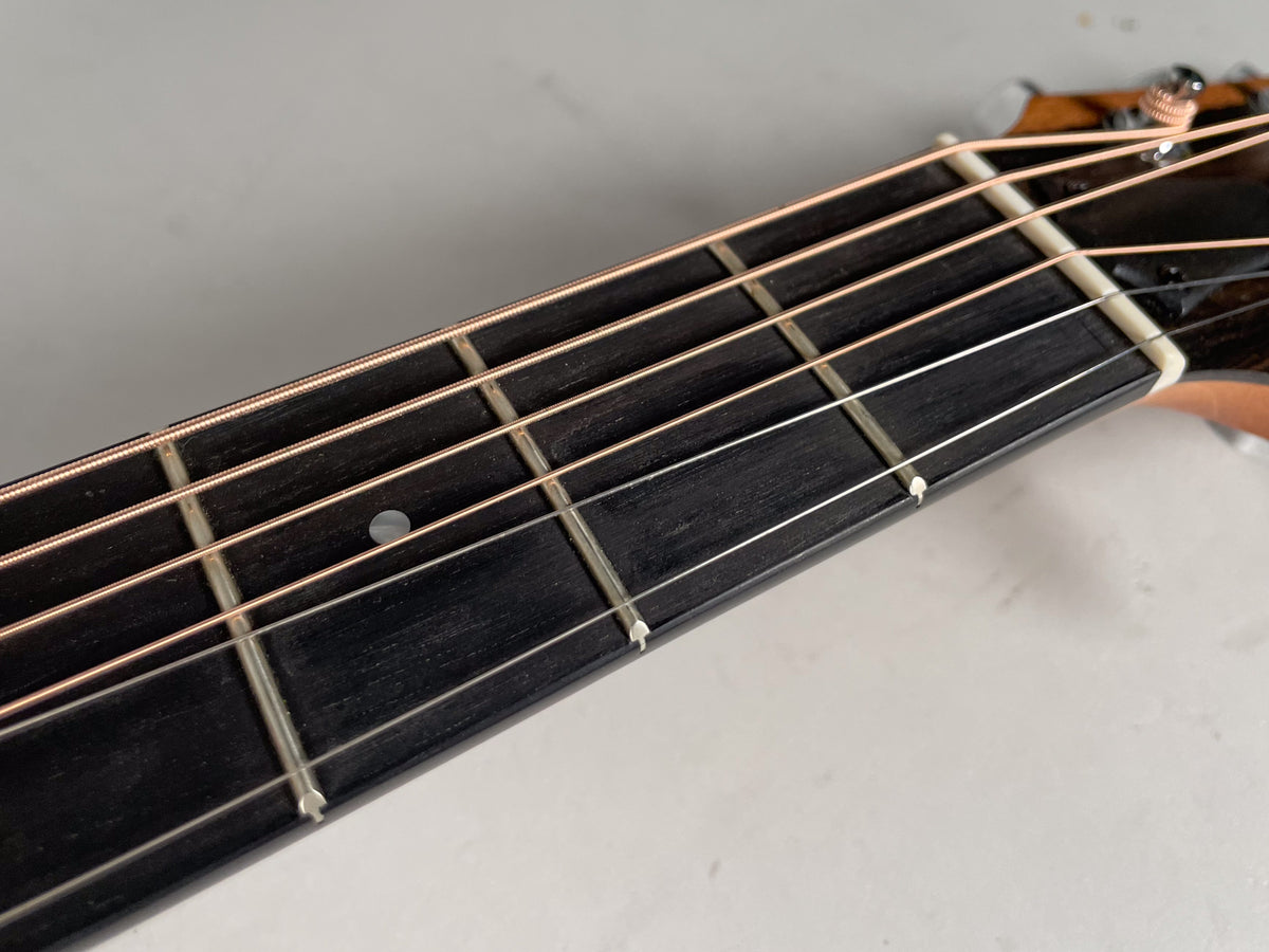 Close-up of the dark fretboard and light frets, with bronze-colored strings and a white nut, viewed from above.