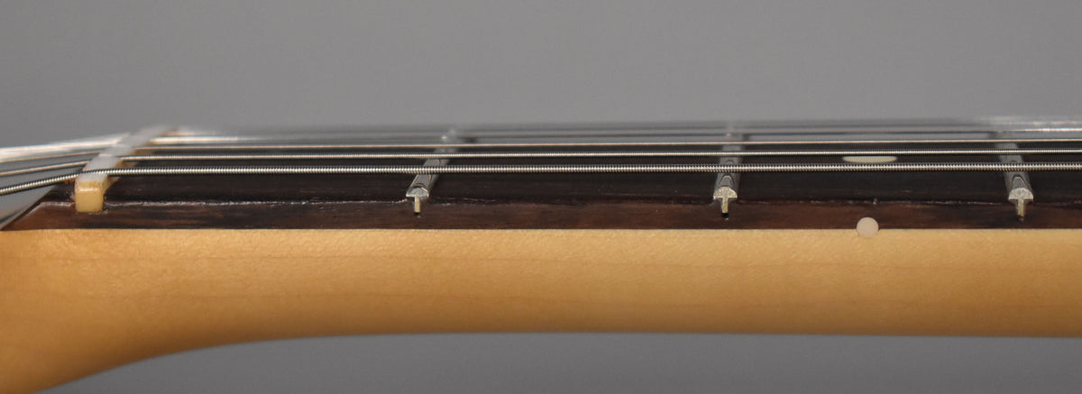 Close-up of the guitar's neck and dark fretboard, showing the nut, frets, strings, and a single white dot inlay.