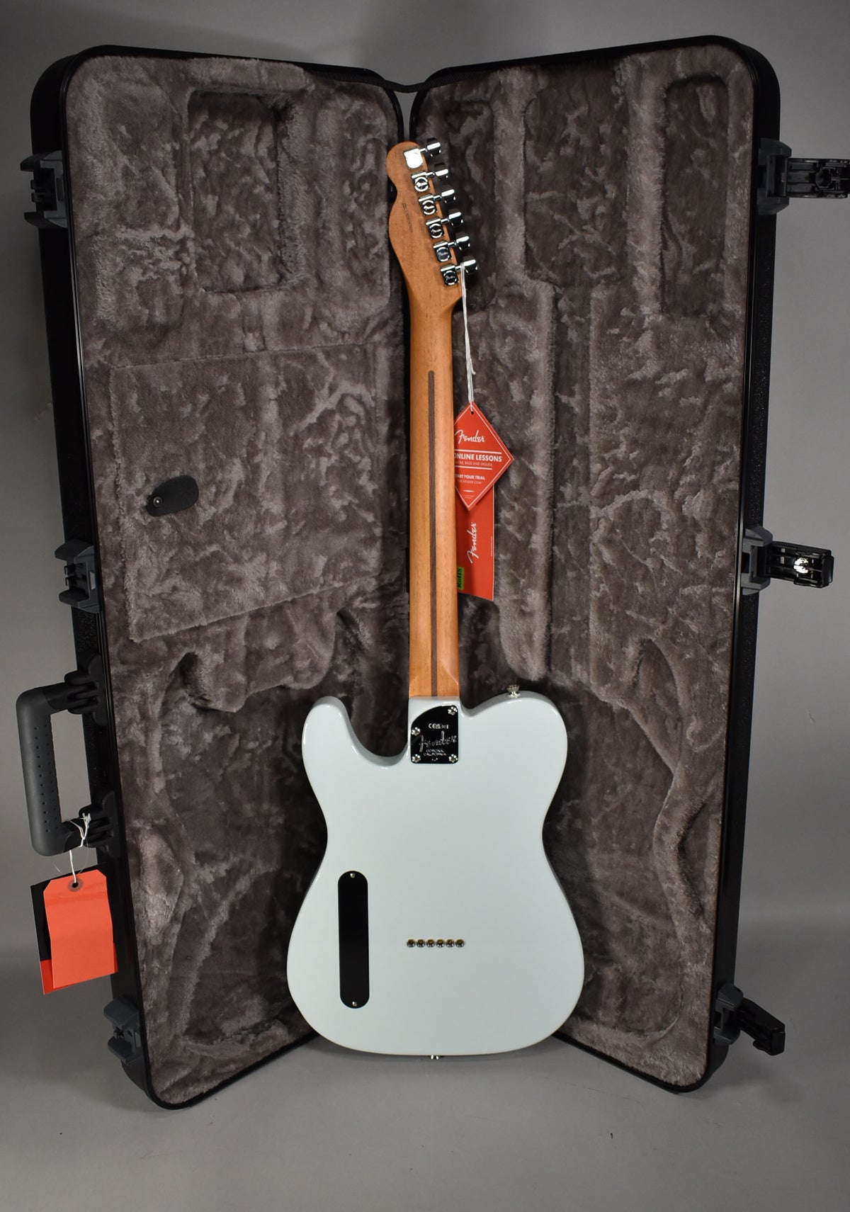 The back of a light blue Telecaster with a natural wood neck and headstock, resting in a black hard case with gray plush lining.