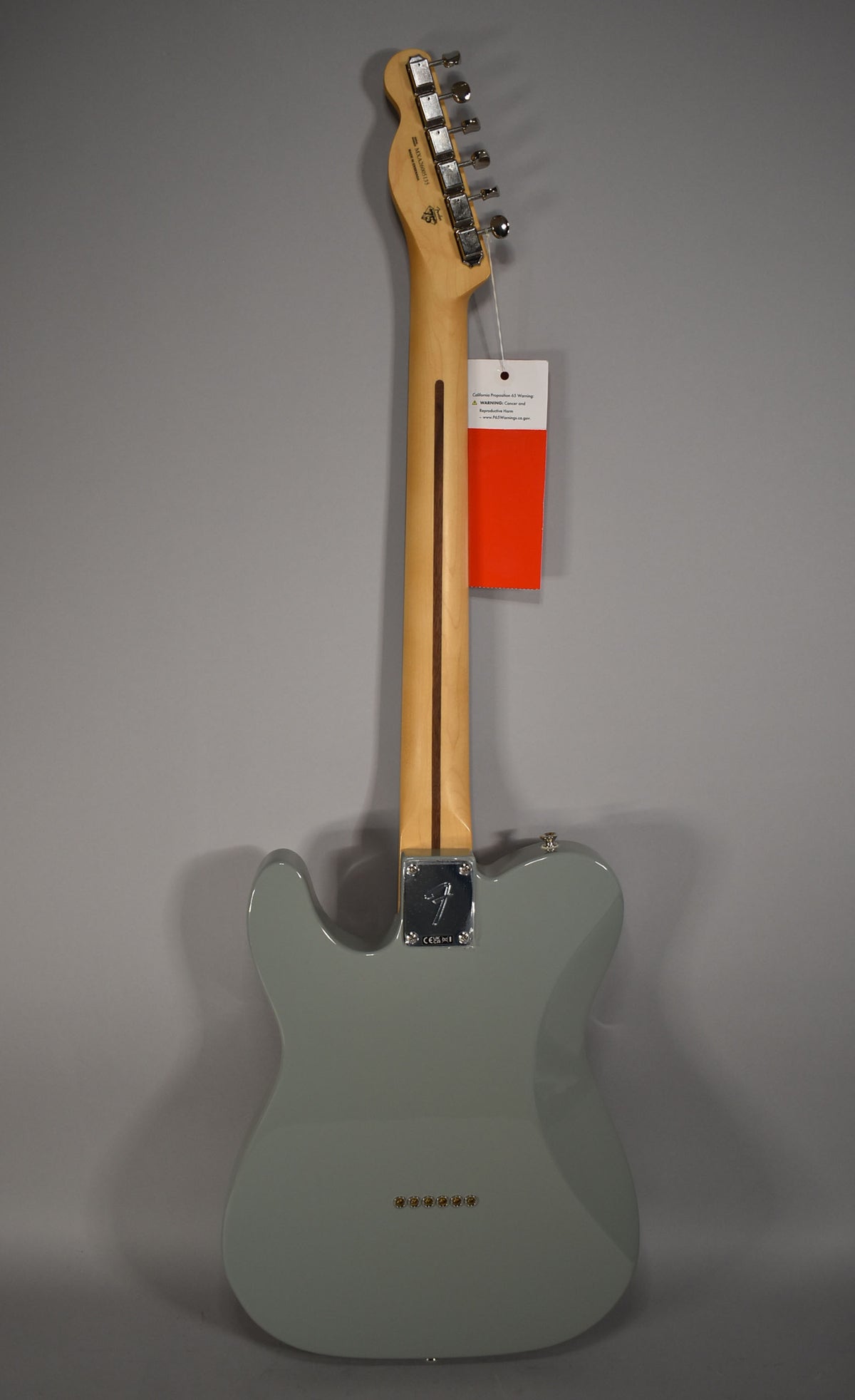 Full rear view of a Cactus Gray Telecaster with a maple neck, chrome tuners, and string-through-body ferrules.