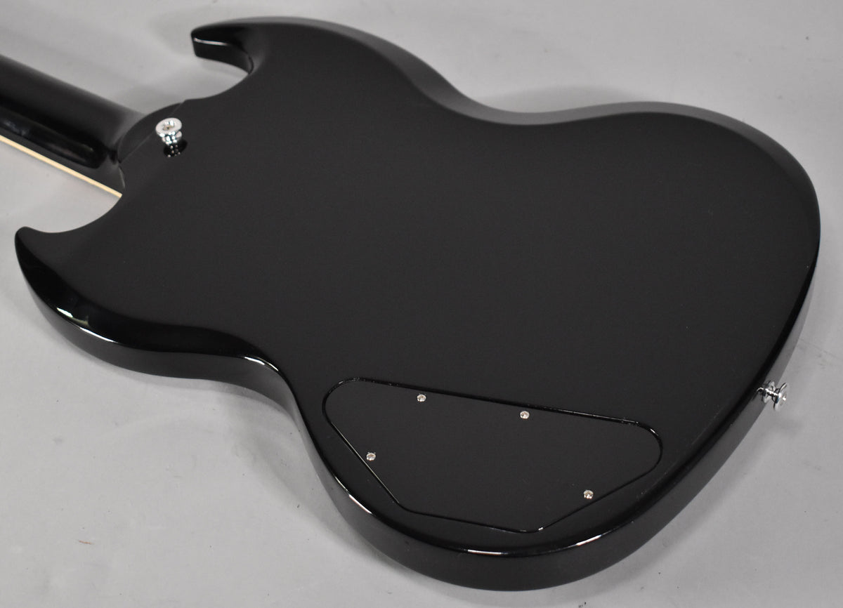 The back of an ebony SG Special, showing the neck joint, output jack, and control cavity cover.