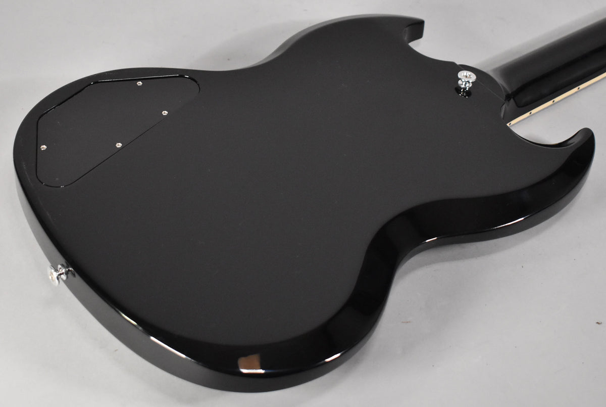 The back of an ebony SG Special, showing the control cavity cover, neck joint, and two chrome strap buttons.