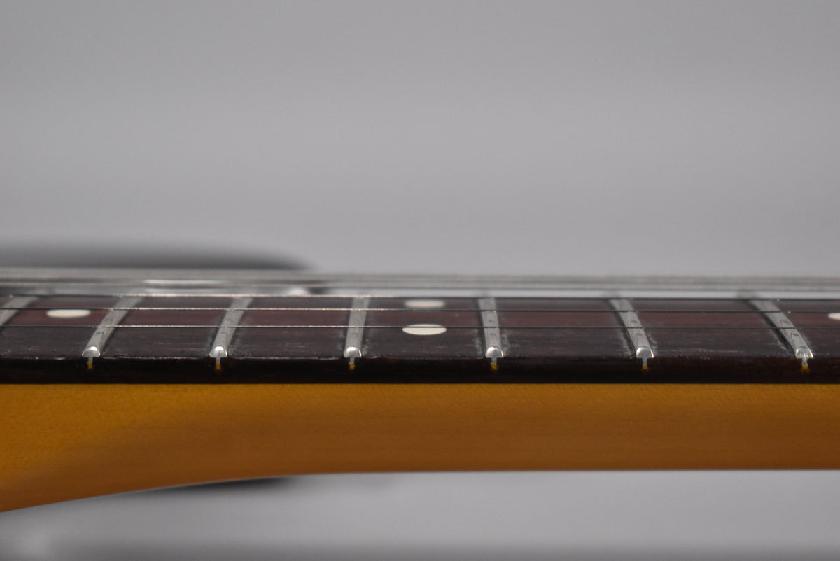 Close-up of the guitar's dark fretboard and frets, with white dot inlays, against a light gray background.