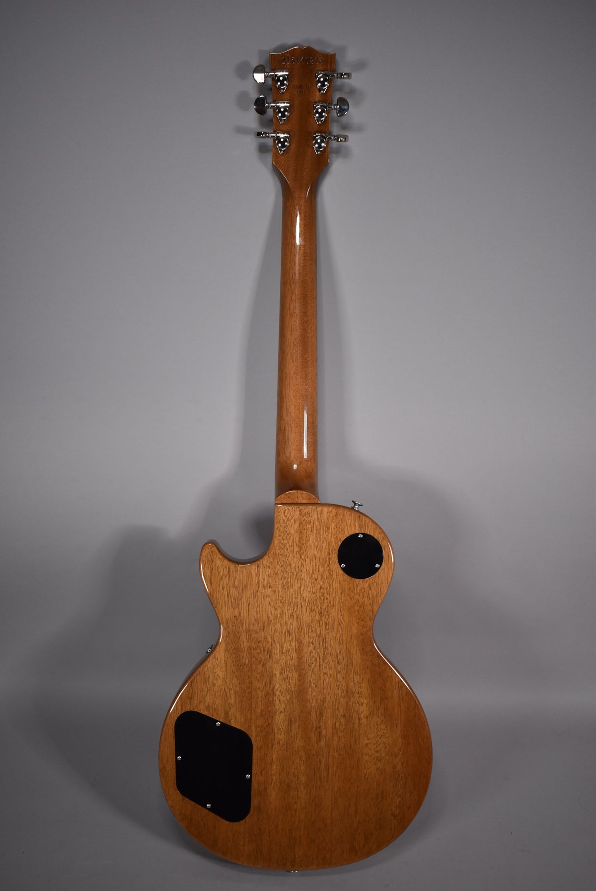 The guitar's back, neck, and headstock are visible, showing a natural wood finish with two black control cavity covers.