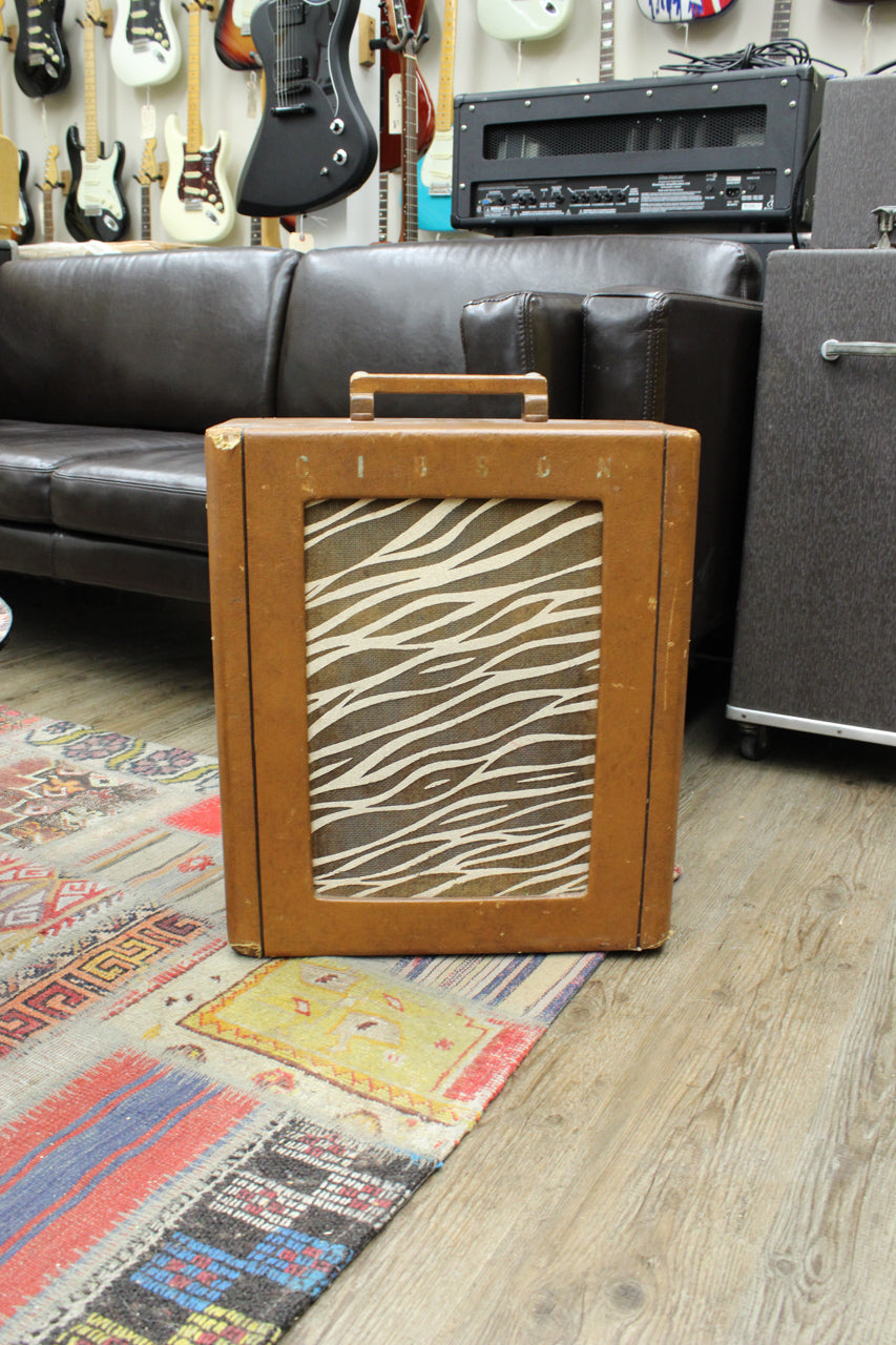 A vintage brown combo amp with a zebra-stripe grille cloth, a top handle, and visible wear on its edges.