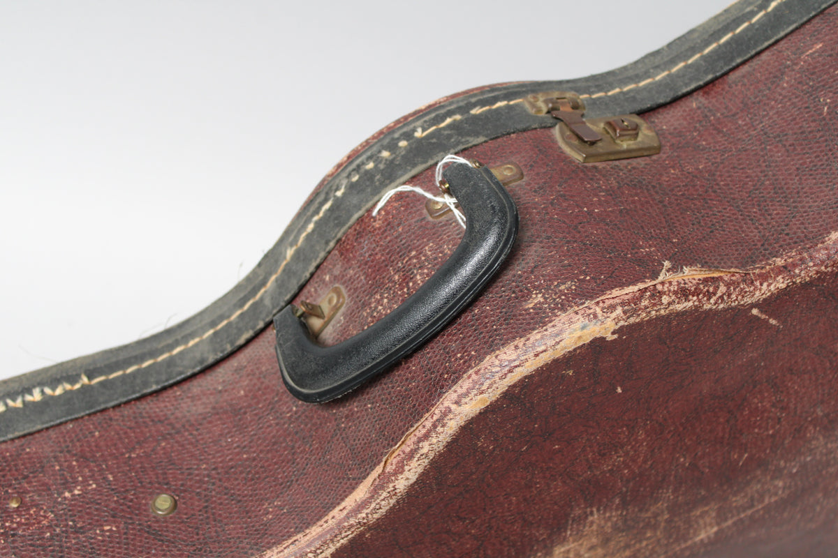 Close-up of the brown snakeskin case, showing a black plastic handle, brass latch, and significant wear along the edges.