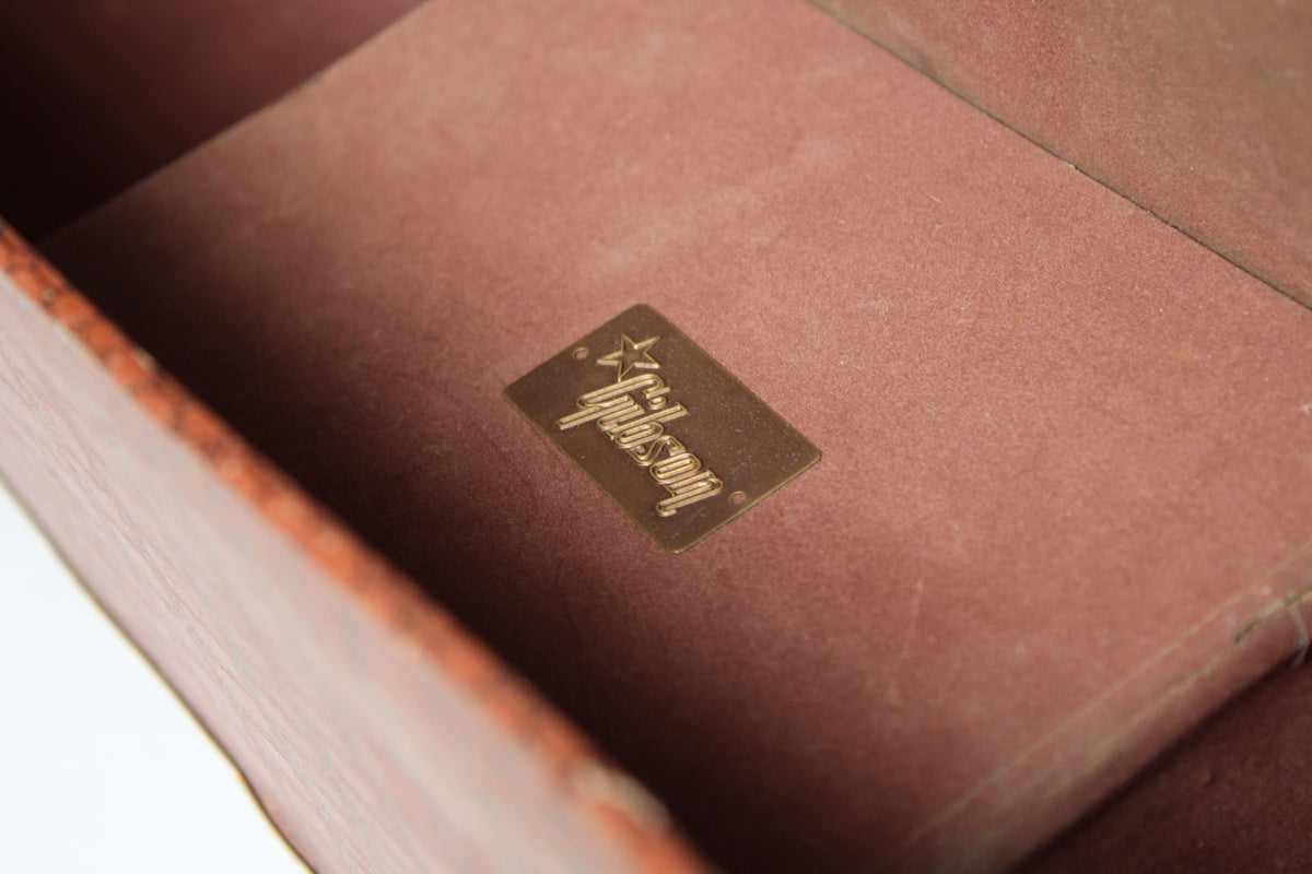 Close-up of the case's interior, showing the faded pink plush lining and a rectangular brass badge with a star and script logo.